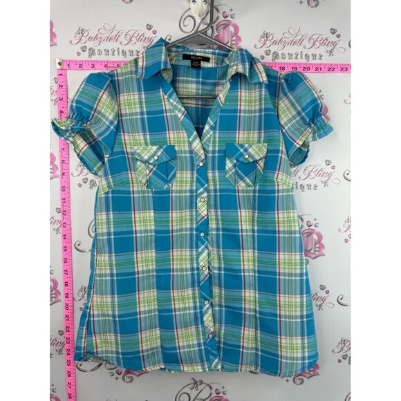 Majora Tops - Majora T-shirt y2k Blue Plaid Button-Down Shirt stripes orange blue green white